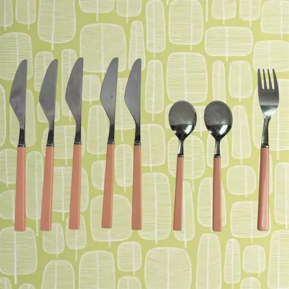 VTG Set of 8 Stainless Flatware Pink Plastic Handle Japan Knives Tea Spoon Forks